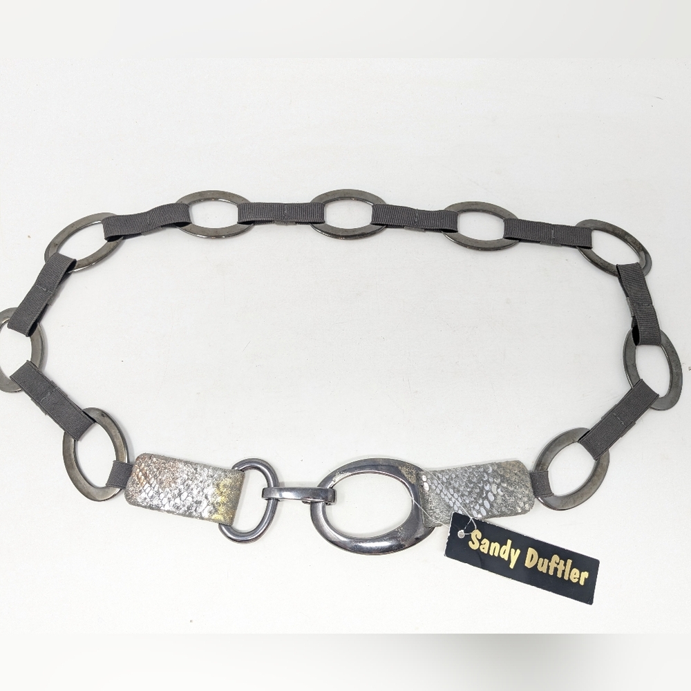 Vtg Sandy Duftler Chain Hip Belt Metallic Silver Leather Elastic Horsebit Sz XL